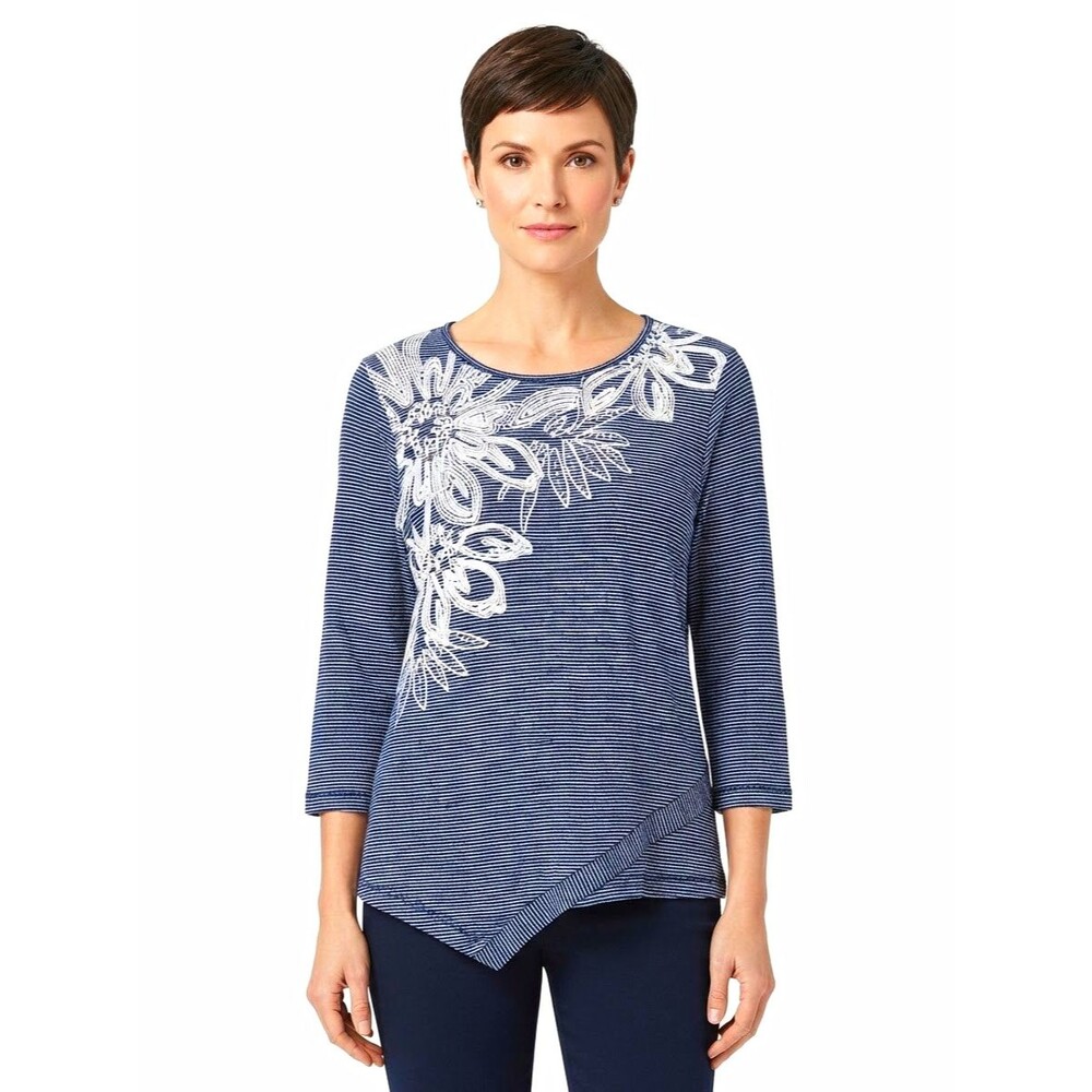 Alfred Dunner Womens Top M Blue  Embroidered Beaded Knit 3/4 Slv Diagonal hem